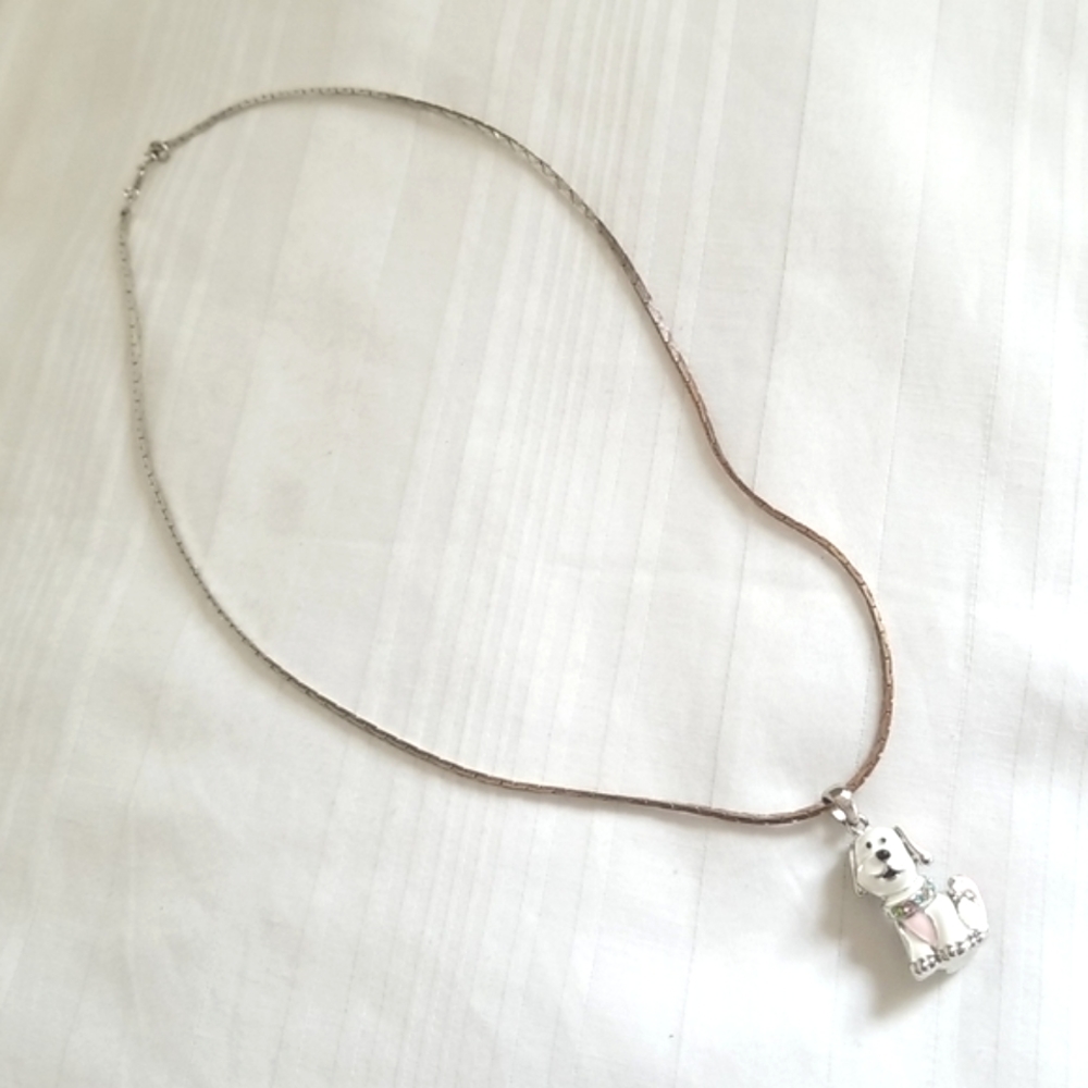 Vintage Dog Necklace Silver White Pink Rhinestone - Picture 4 of 5
